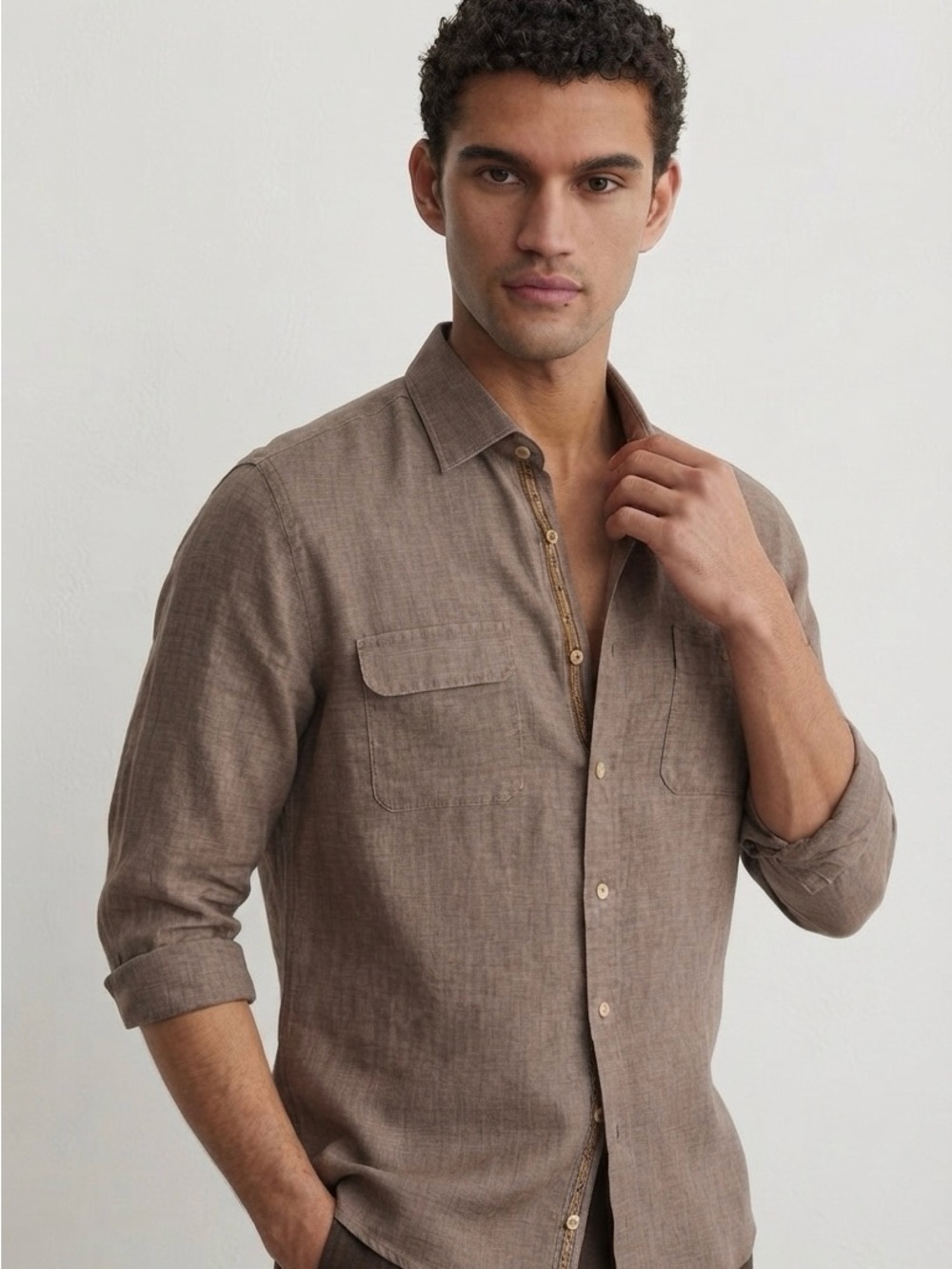 Massimo Dutti Men's Brown linen-Casual Shirt-Limited edition